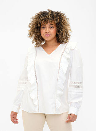 Bluse mit Ruffles und Lace Trim, Bright White, Model image number 0