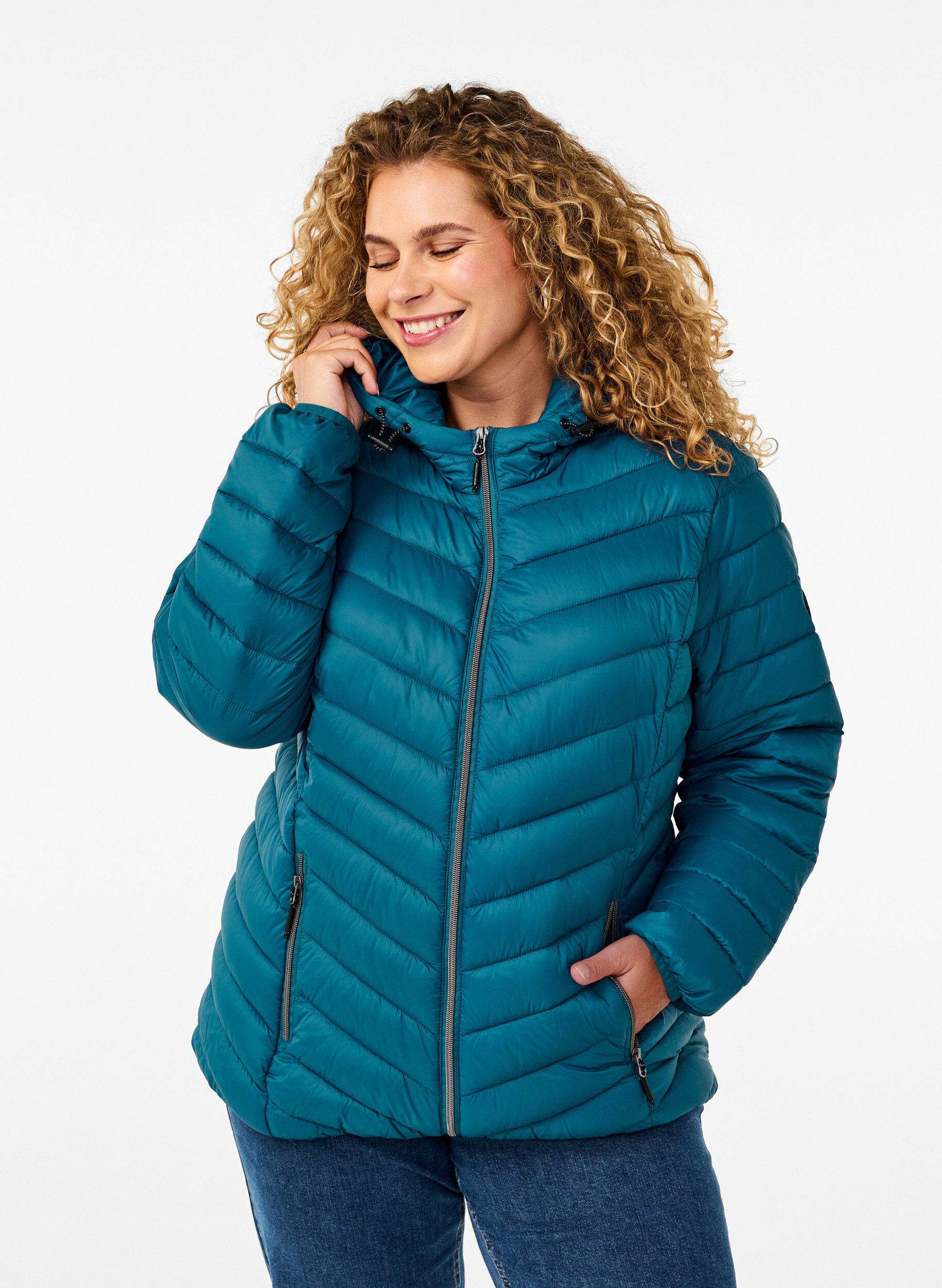 Leichte Jacke mit Kapuze, Petrol, Model