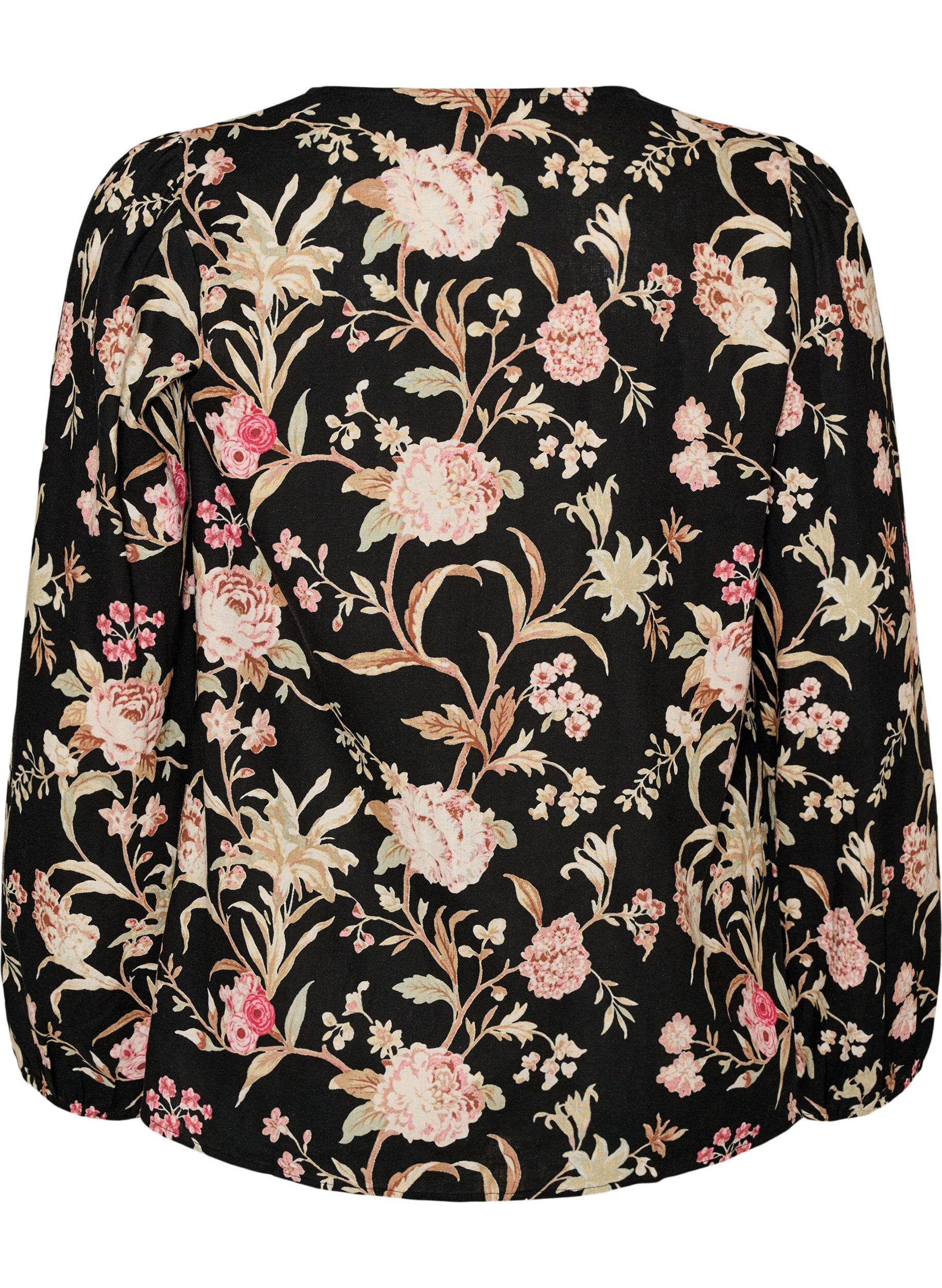 ZizziGebl&uuml;mte Bluse aus Leinen und Viskose mit langen &Auml;rmeln, Schwarz, Packshot image number 1