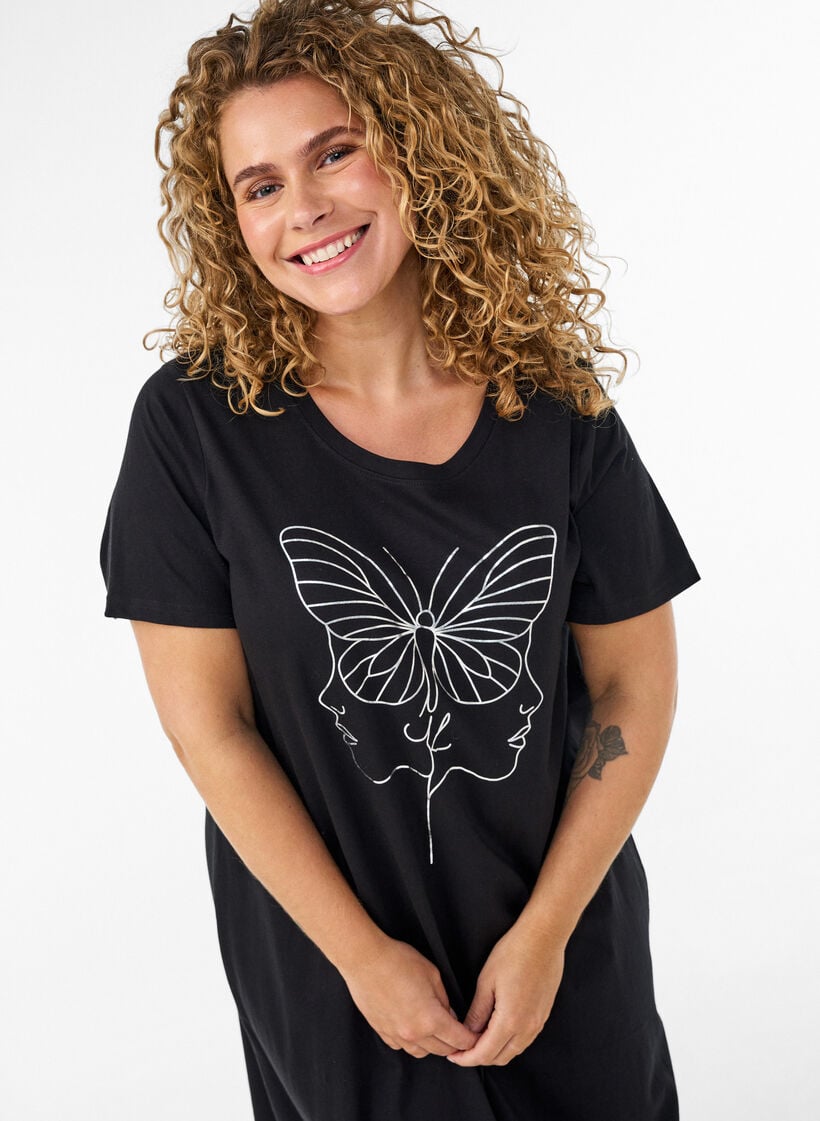 Midi-Nachthemd aus Bio-Baumwolle, Schwarz, Model image number 2