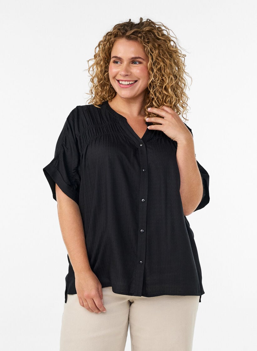 Bluse aus Viskose mit kurzen &Auml;rmeln und Raffdetails, Schwarz, Model image number 0