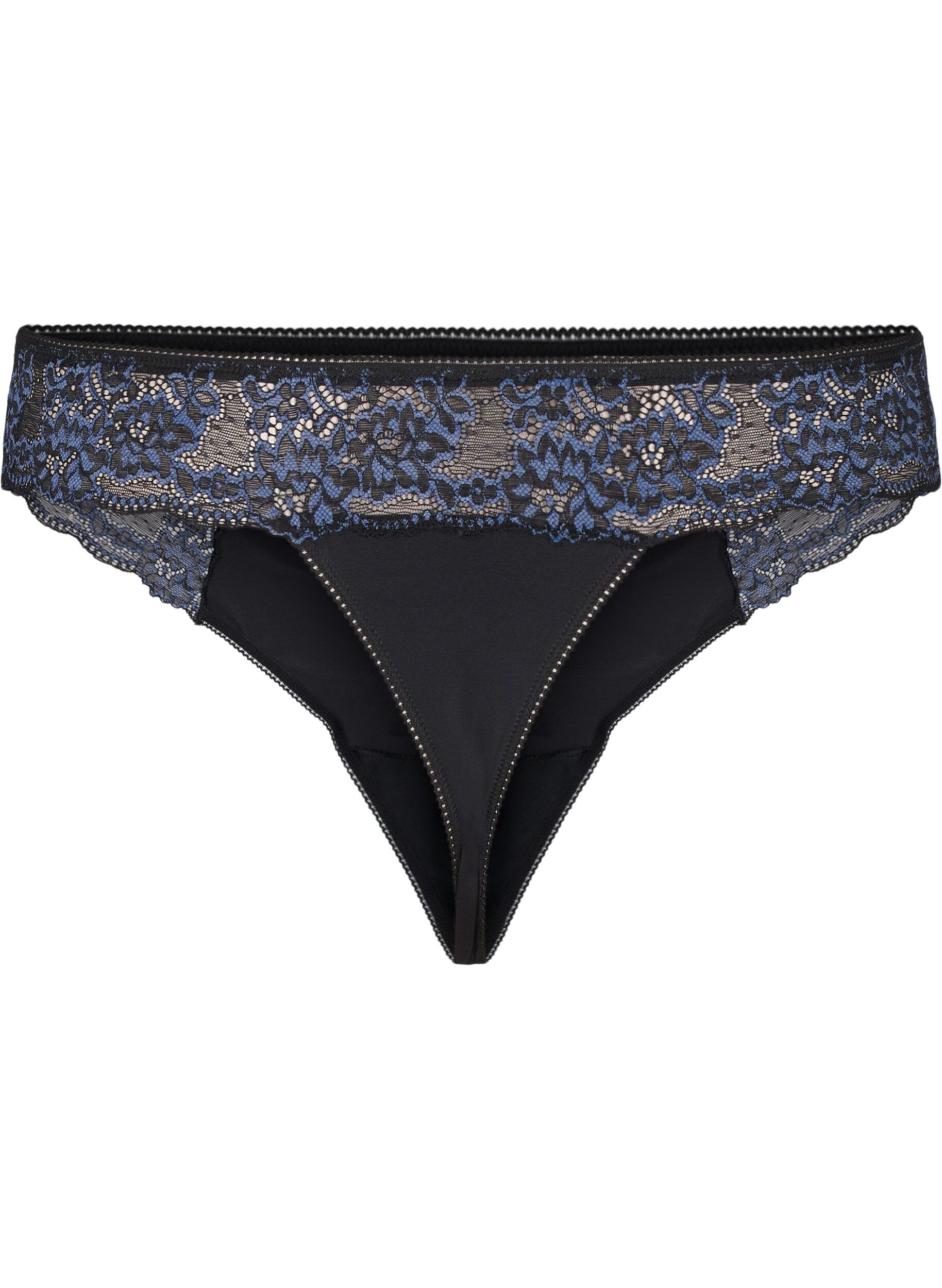 Zizzi G-string aus Mikrofaser mit Spitze, Black w Blue, Packshot image number 1