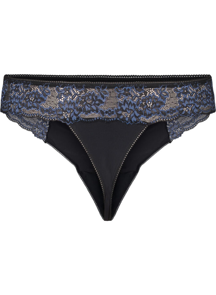 G-string aus Mikrofaser mit Spitze, Black w Blue, Packshot image number 1