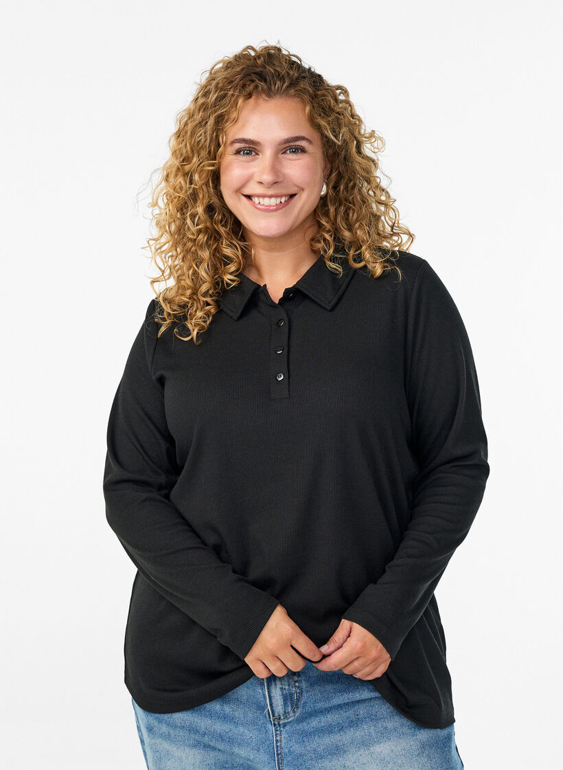 Langärmliges Poloshirt aus dehnbarem Rippmaterial, Schwarz, Model image number 0