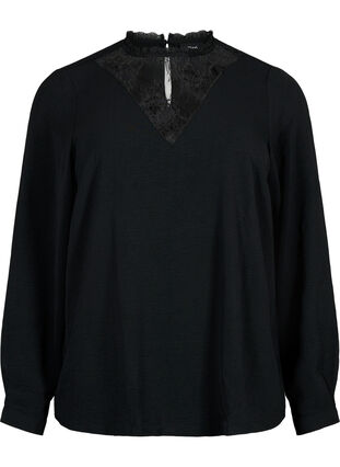 Langärmelige Bluse mit Spitzendetail, Black, Packshot image number 0