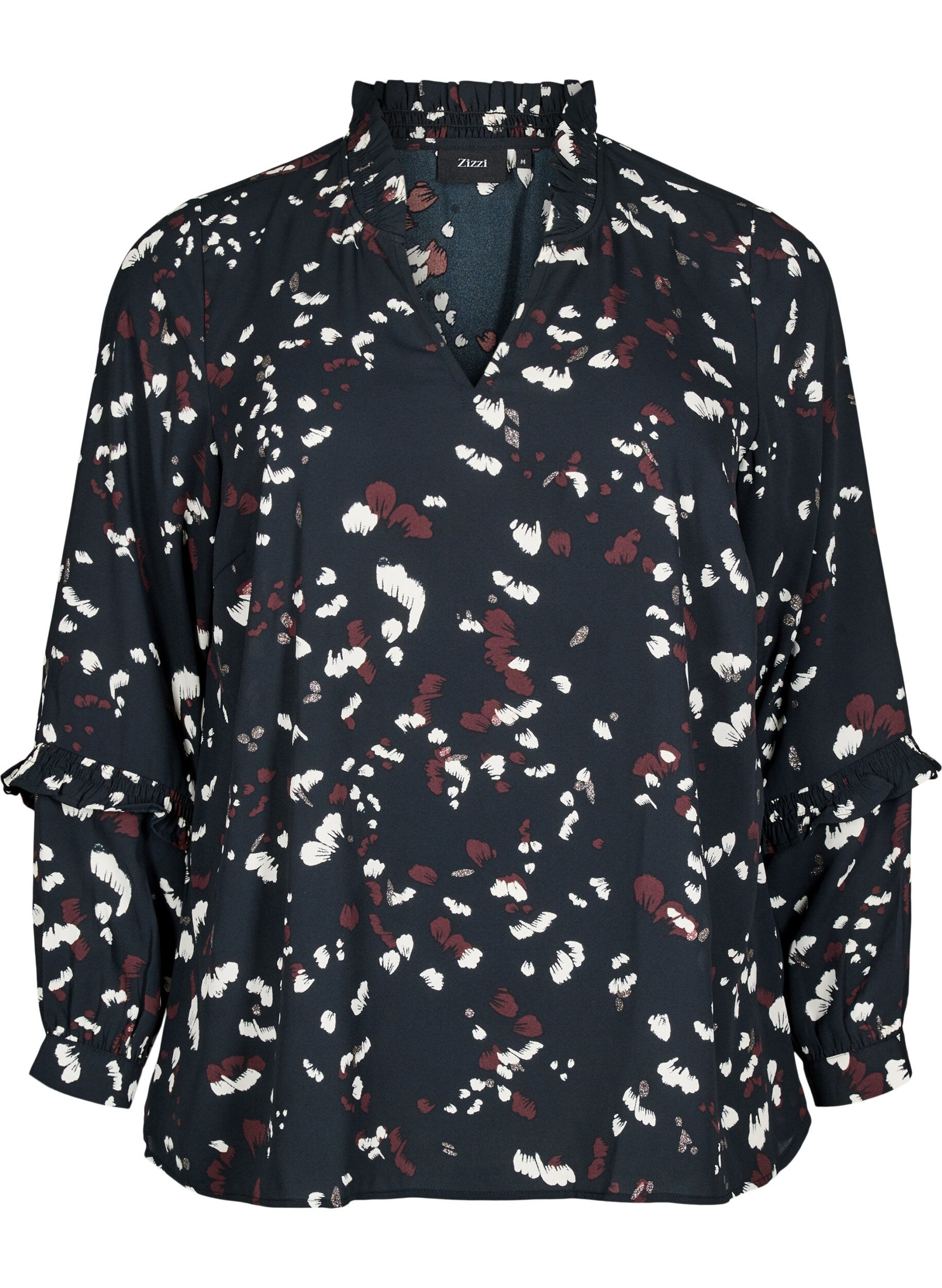 Zizzi Bluse mit Print und R&uuml;schendetails, Schwarz, Packshot image number 0