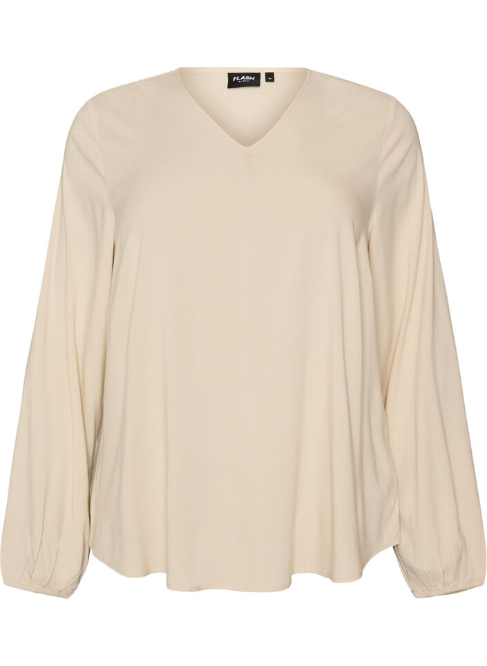 Bluse aus Viskose mit V-Ausschnitt und abgerundetem Saum, Beige, Packshot image number 0