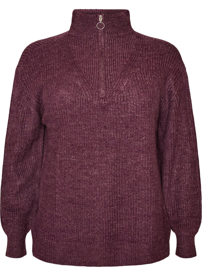 Strickpullover mit hohem Kragen und Rei&szlig;verschluss, Lila, Packshot image number 0