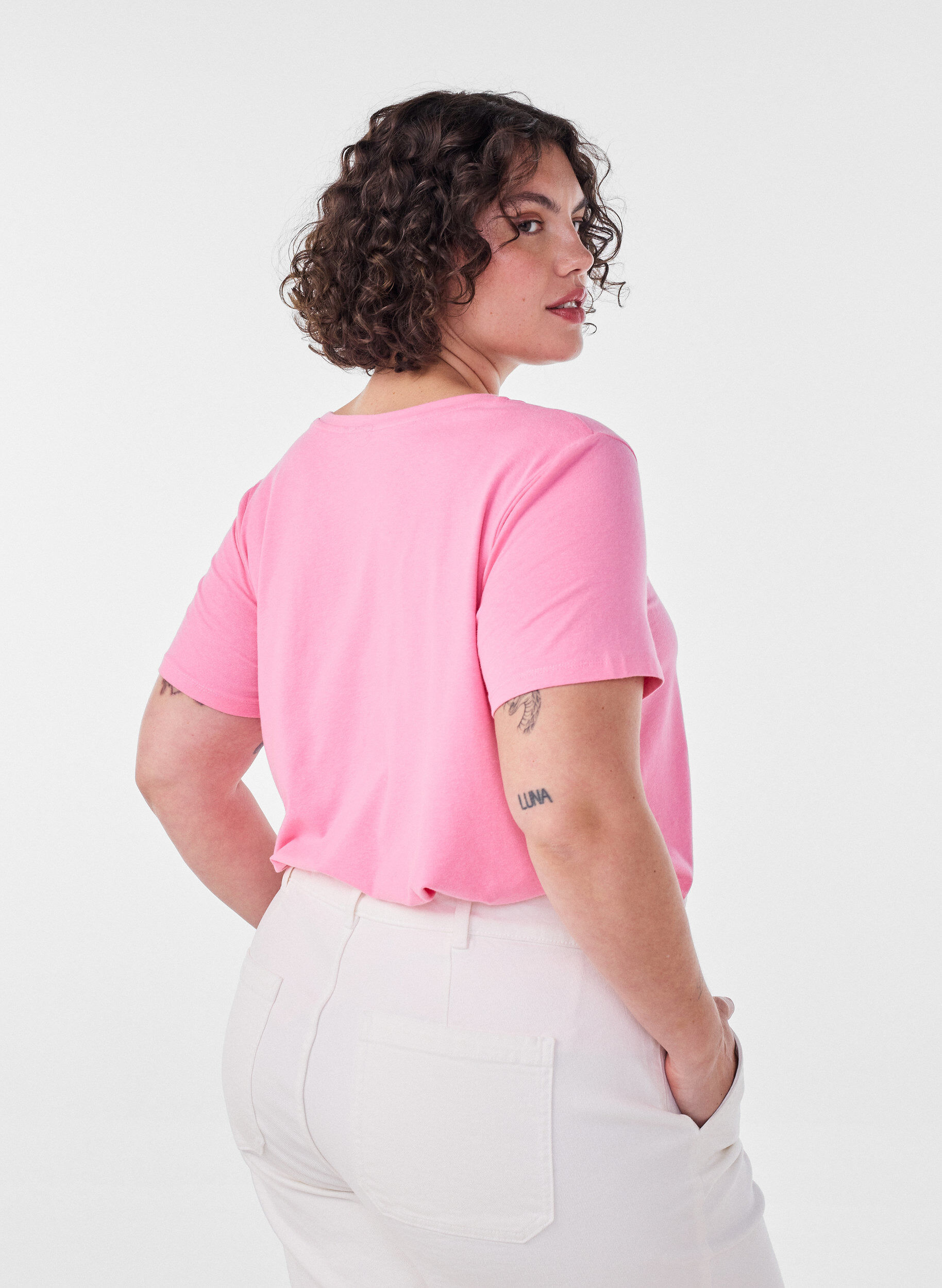 ZizziEinfarbiges basic T-Shirt aus Baumwolle, Pink, Model image number 2