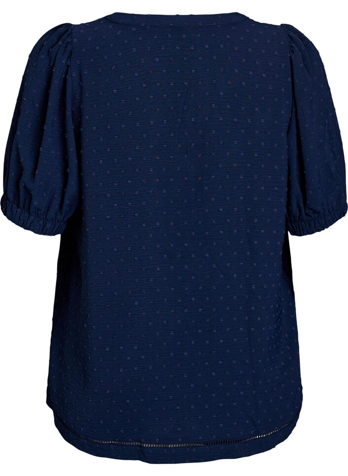 Bluse mit kurzen Puffärmeln und gepunkteter Textur, Navy Blazer, Packshot image number 1