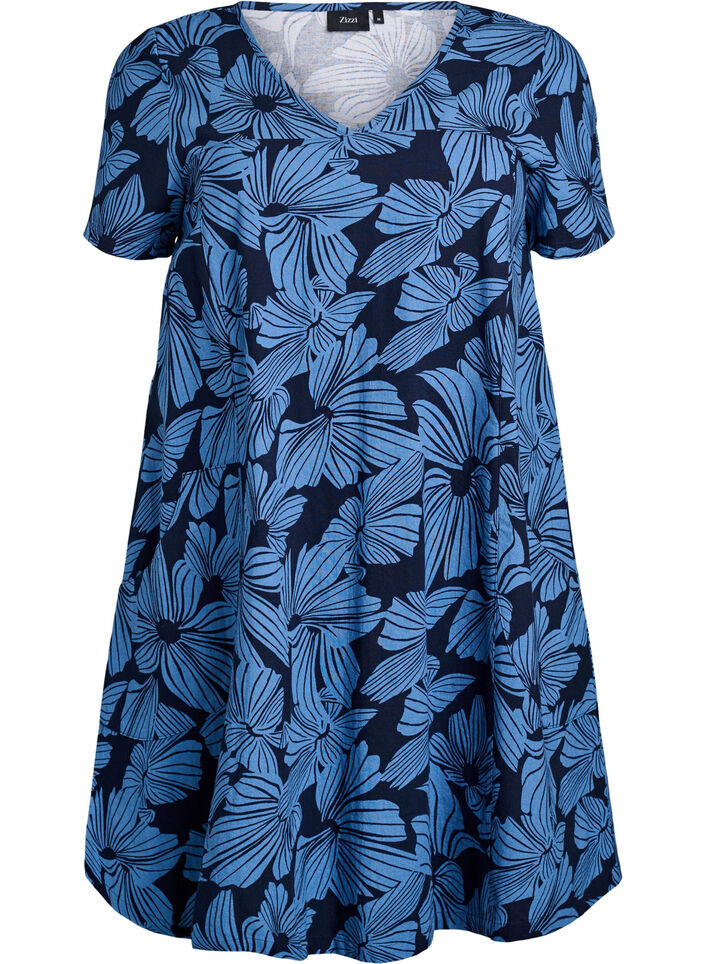 Kurzes A-Linien-Kleid mit floralem Print, Blau, Packshot image number 0