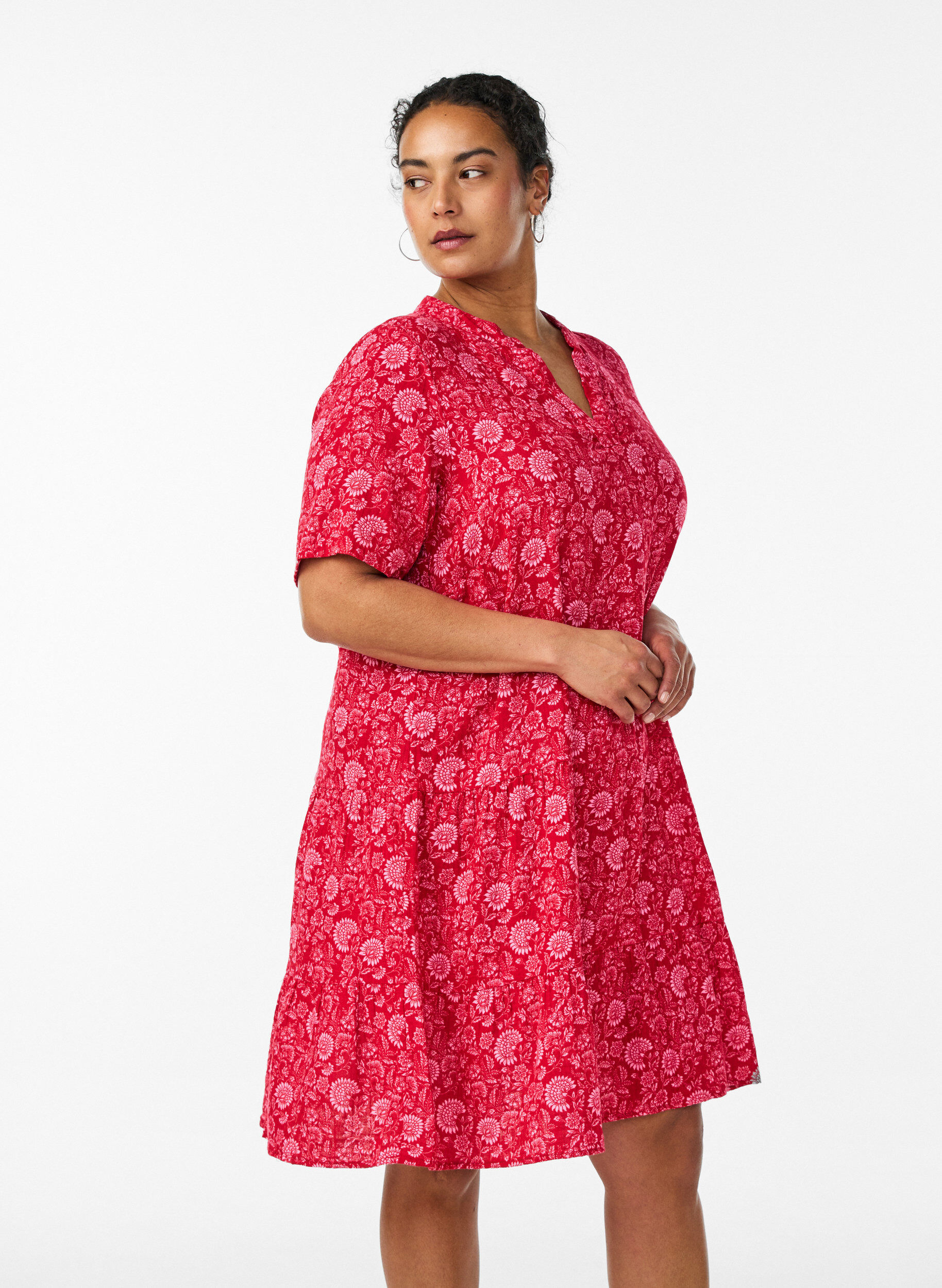 Zizzi Kurzes A-Linien-Kleid aus Baumwollmusselin, Rot, Model image number 0