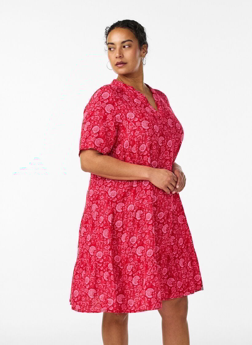 Kurzes A-Linien-Kleid aus Baumwollmusselin, Rot, Model image number 0