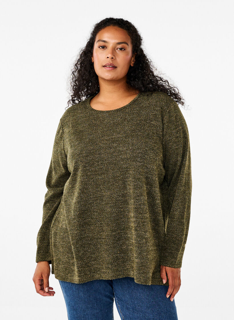 Melange Bluse mit rund um den Neck und langen Ärmel, Winter Moss, Model image number 0
