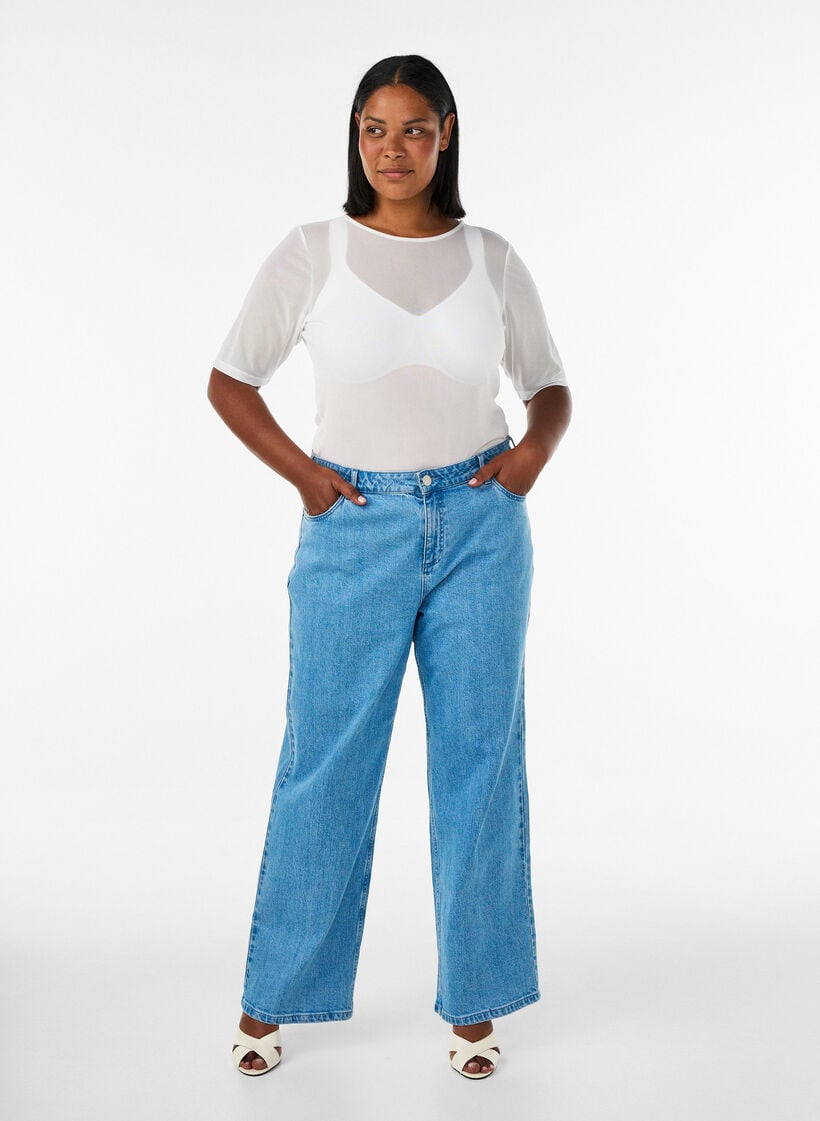 Top aus Mesh mit kurzen &Auml;rmeln und Rundhalsausschnitt, Vanille, Model image number 1
