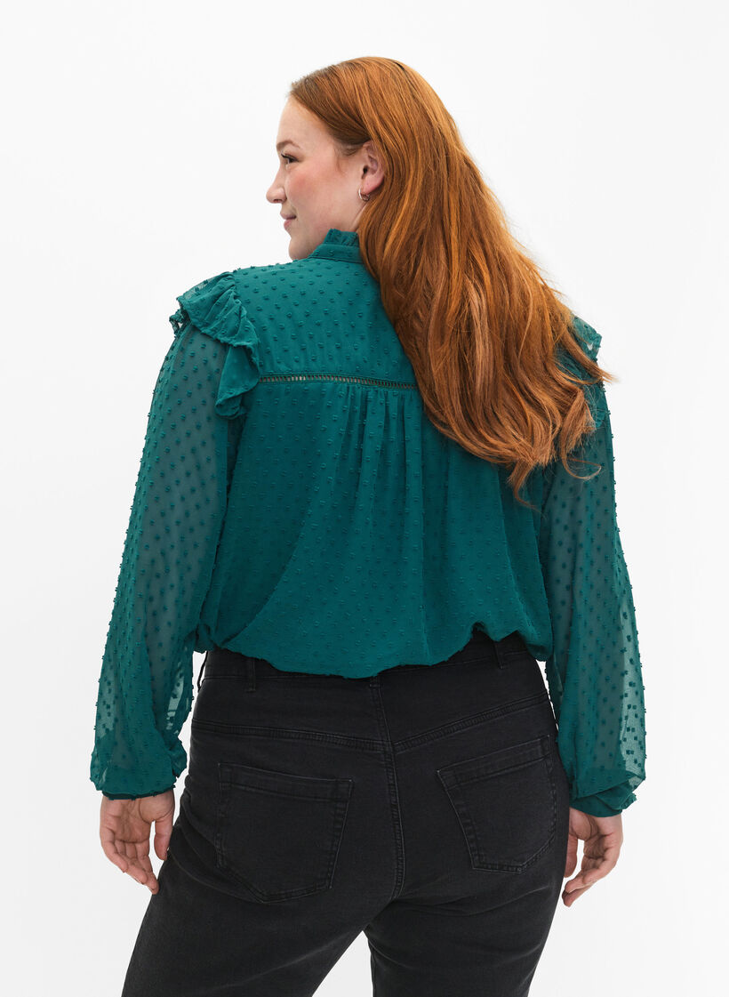  Hemdbluse mit Rüschen und Punktstruktur, Shaded Spruce, Model image number 1