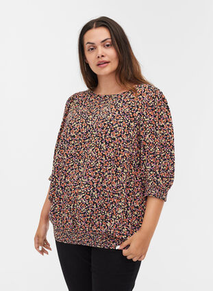 Bedruckte Bluse mit Smock und 3/4-Ärmeln, Ditsy Flower AOP, Model image number 0