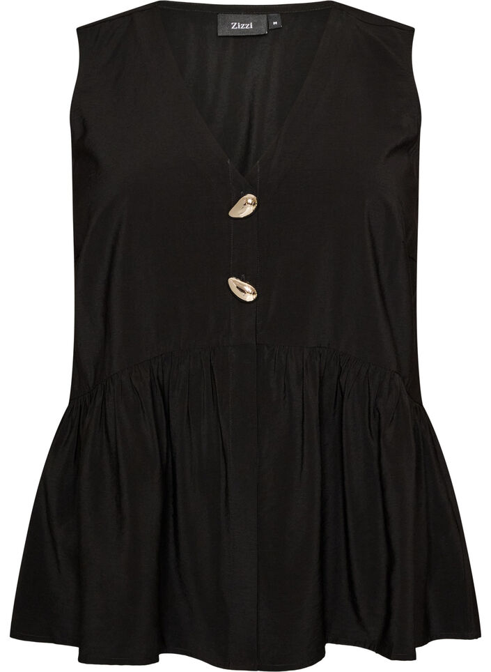 &Auml;rmellose Sch&ouml;&szlig;chenbluse mit dekorativen Kn&ouml;pfen, Schwarz, Packshot image number 0
