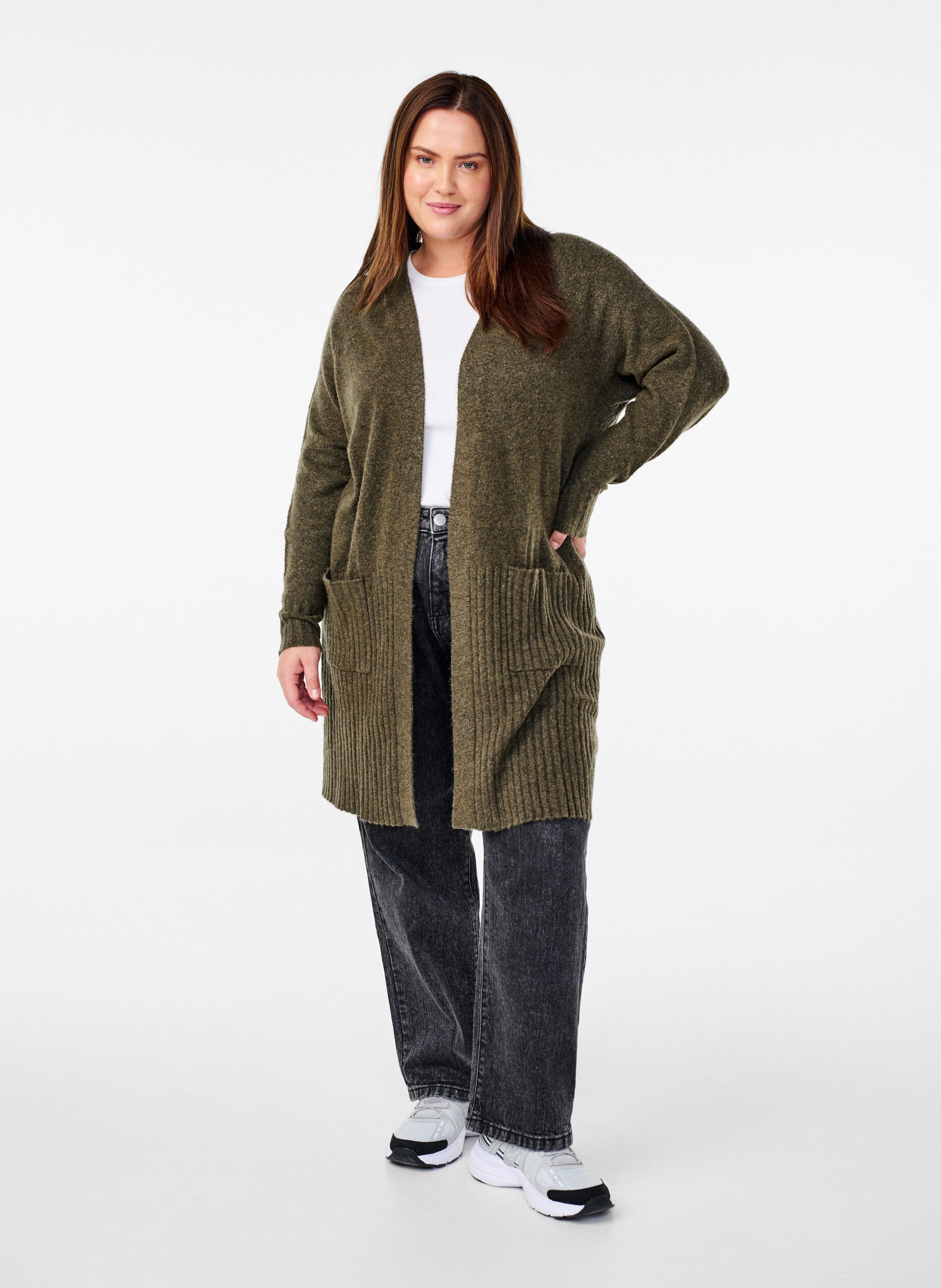 Zizzi Lange Strickjacke mit Taschen, Sea Turtle Mel., Model image number 2