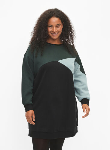 Langer Pullover mit Farbblock-Muster, Scarab Color Block, Model image number 0