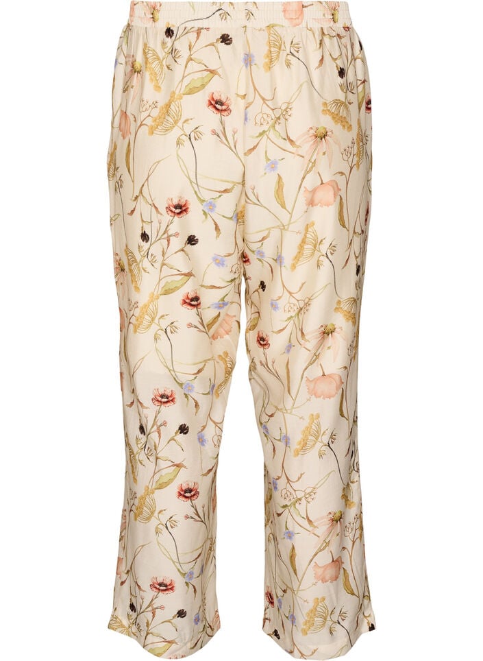 Hoch taillierte Hose aus Viskose mit Blumenmuster, Beige, Packshot image number 1