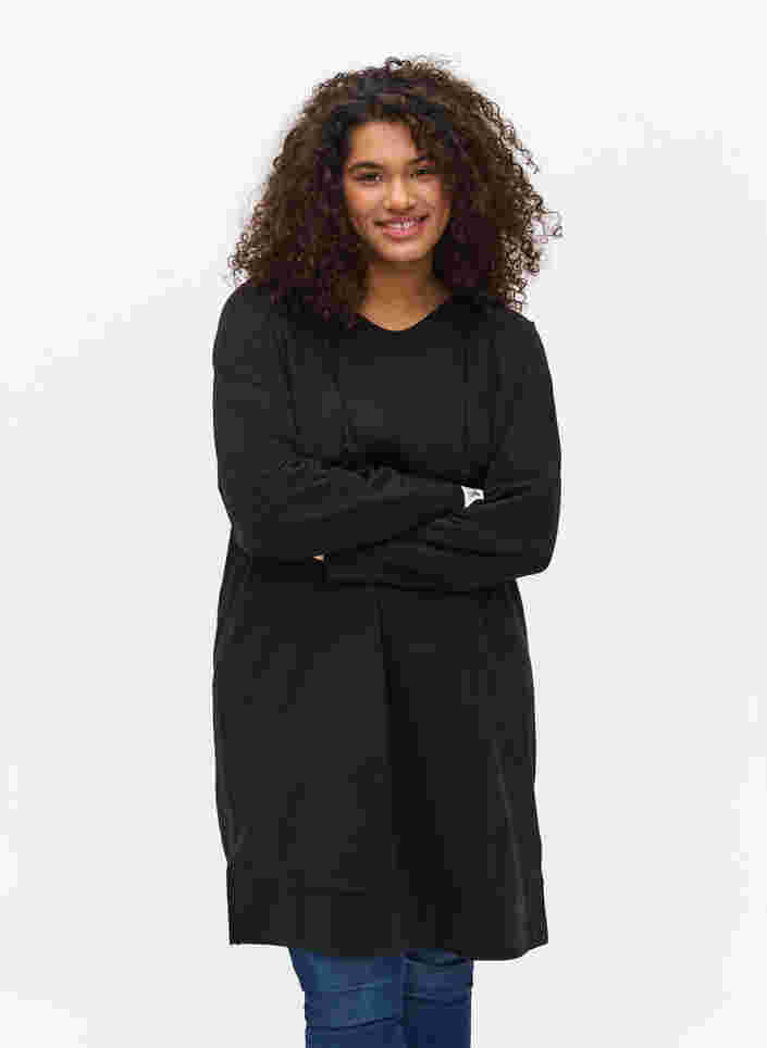 Sweatkleid mit Kapuze und Printdetails, Black Solid, Model image number 0