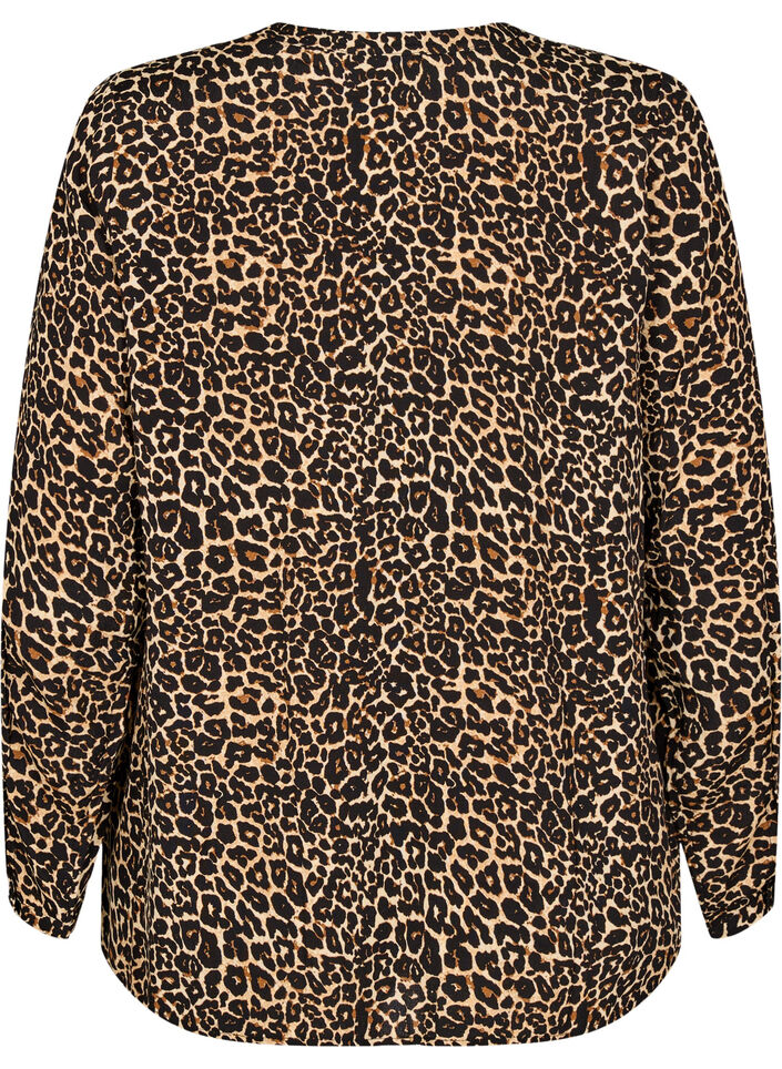 Langärmelige Bluse mit Leopardenmuster und V-Ausschnitt, Braun, Packshot image number 1