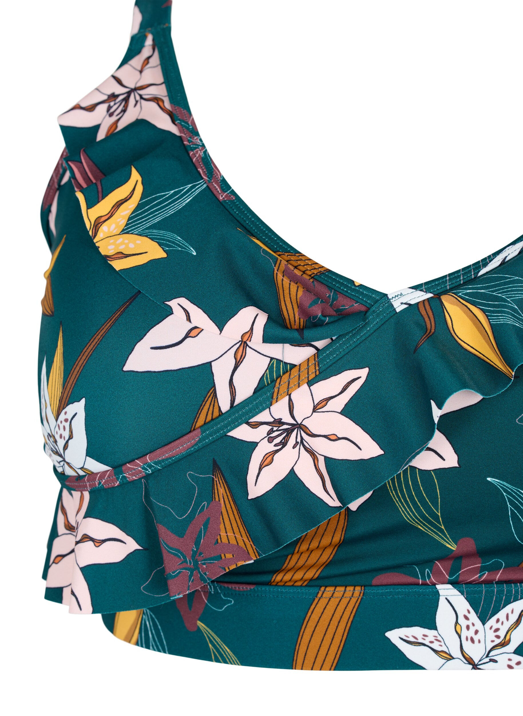 ZizziBikini-Top mit R&uuml;schendetails und Blumenprint, Gr&uuml;n, Packshot image number 2