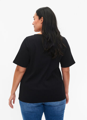 Kurzärmeliges geripptes T-Shirt mit Knöpfen, Black, Model image number 1