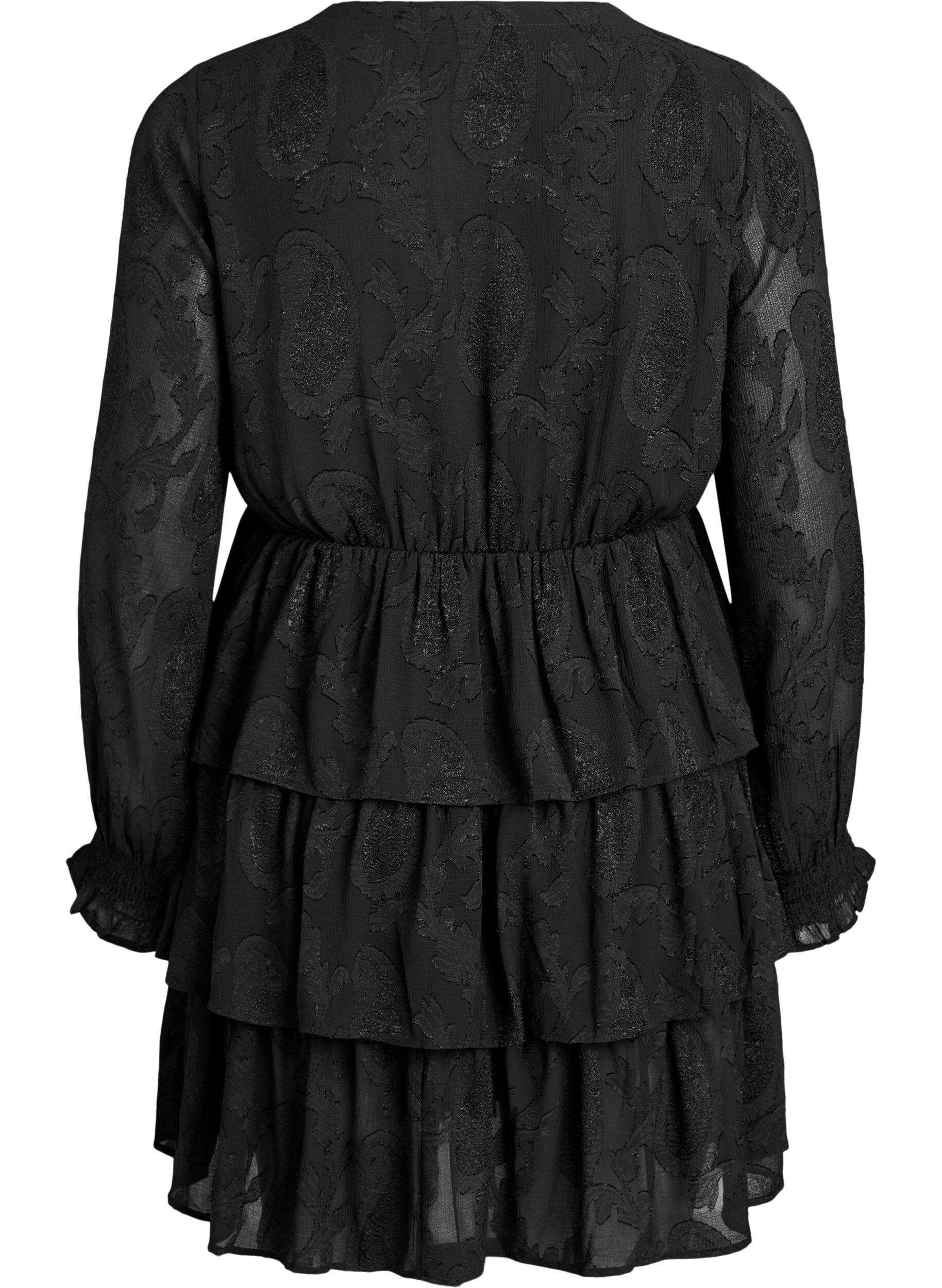 Zizzi Kurzes Kleid mit R&uuml;schen und Strukturmuster, Schwarz, Packshot image number 1