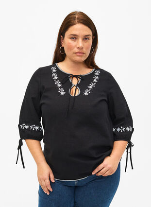 Bestickte Bluse aus Baumwollmischung mit Leinen, Black W. EMB, Model image number 0