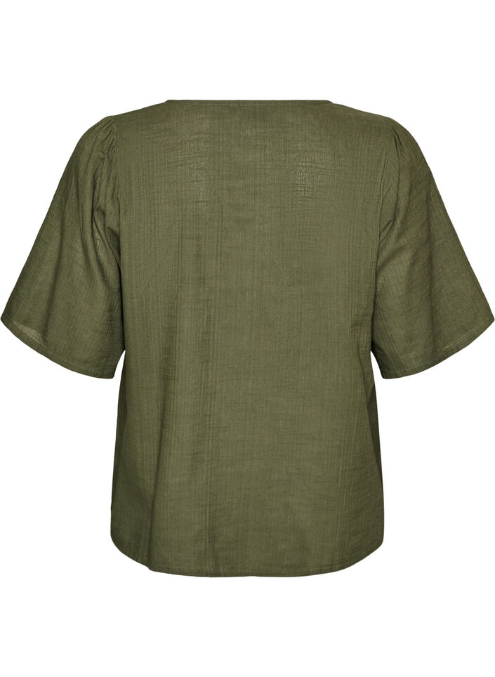 Kurz&auml;rmelige Bluse aus Baumwolle mit V-Ausschnitt, Gr&uuml;n, Packshot image number 1