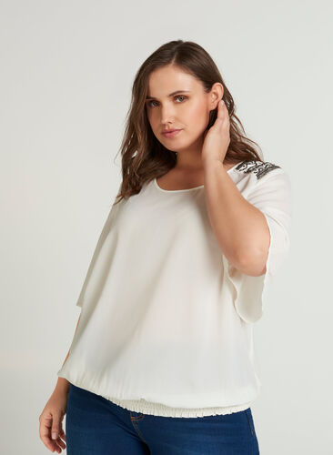 Bluse mit kurzen Ärmeln und Schulterdetails, Vanilla Ice, Model image number 0
