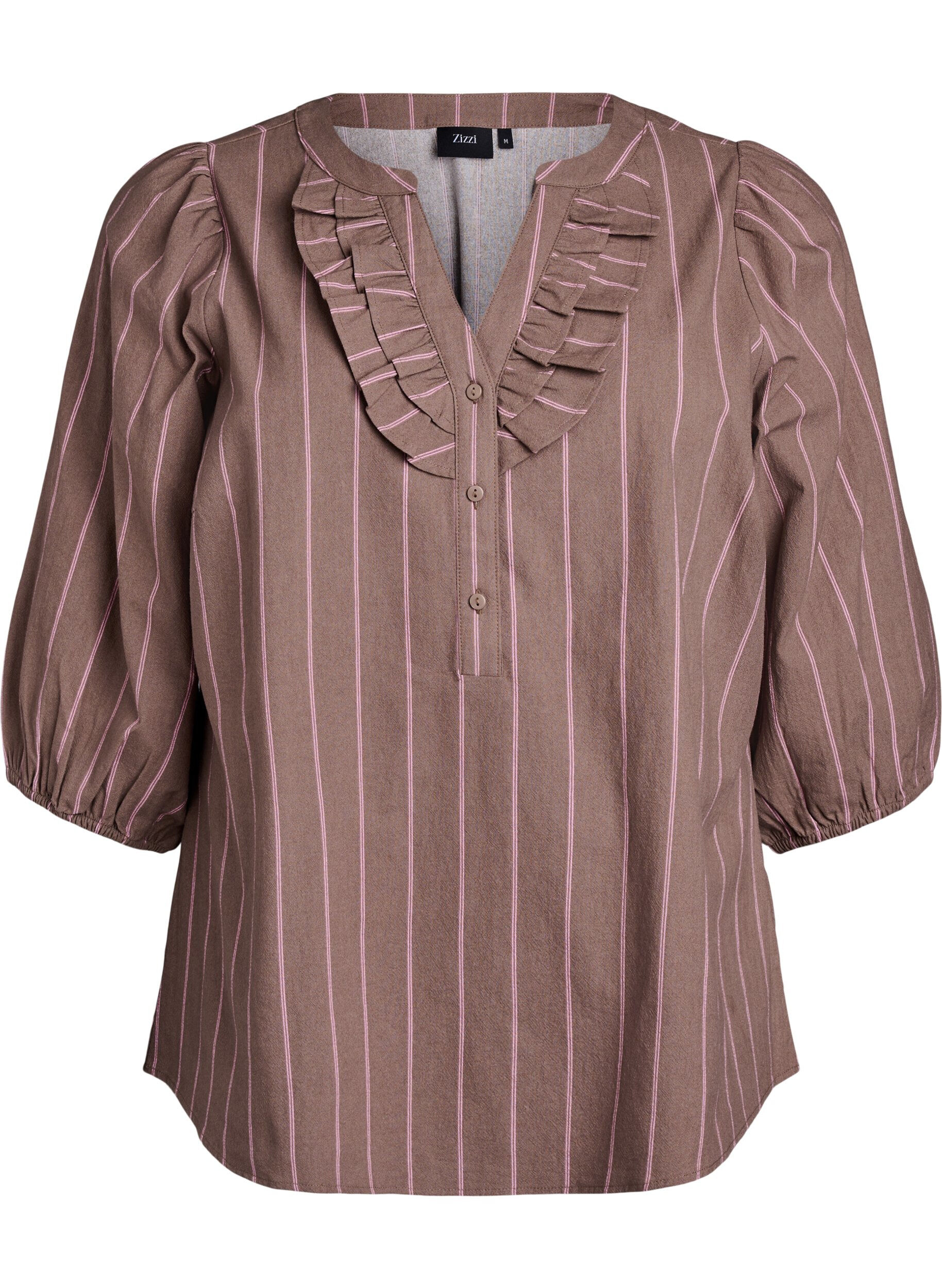 Zizzi Bluse aus Baumwolle mit 3/4-&Auml;rmeln und Streifenmuster, Braun, Packshot image number 0