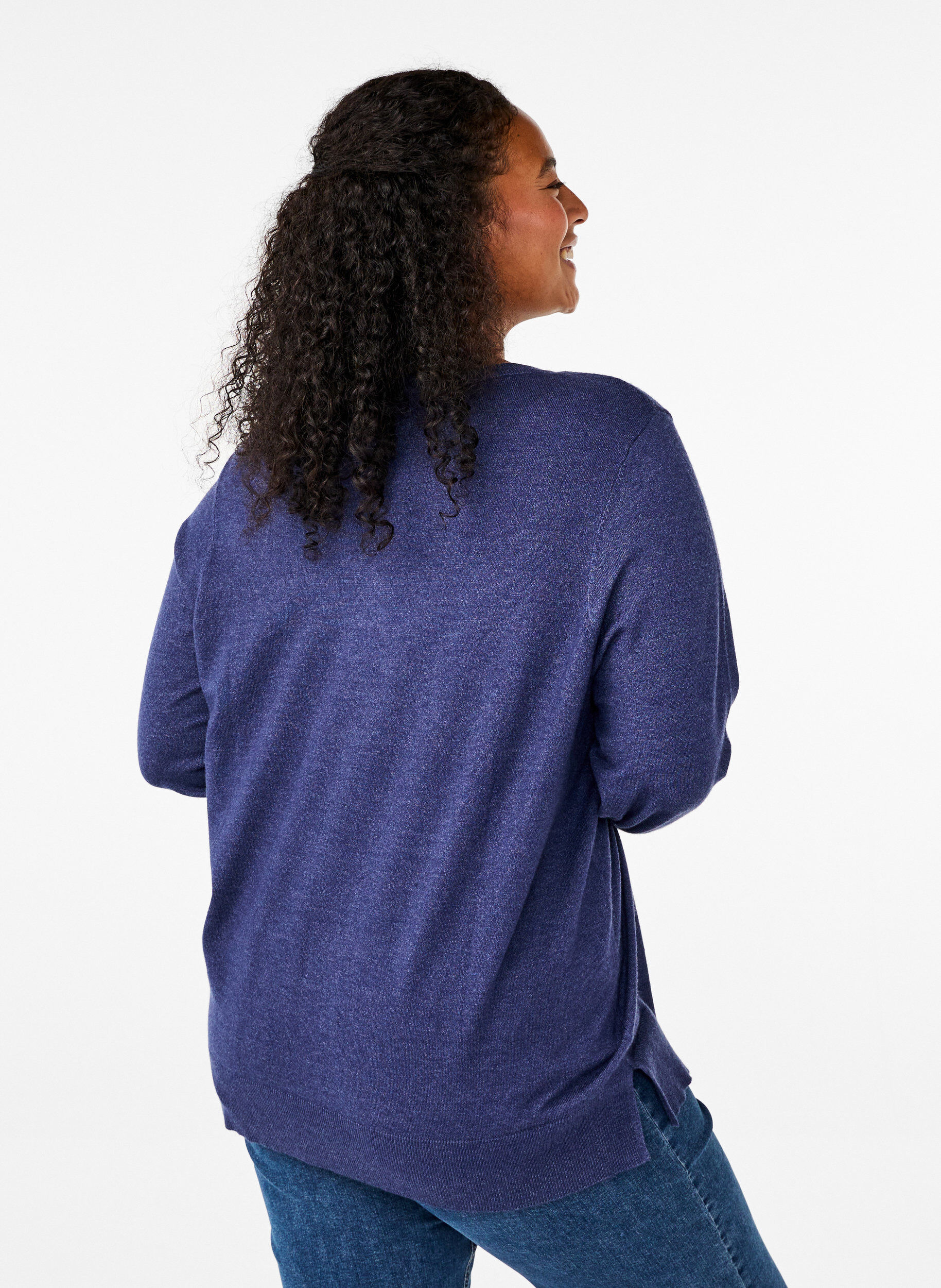 Zizzi Strickbluse mit langen &Auml;rmeln und Schlitz, Blau, Model image number 2