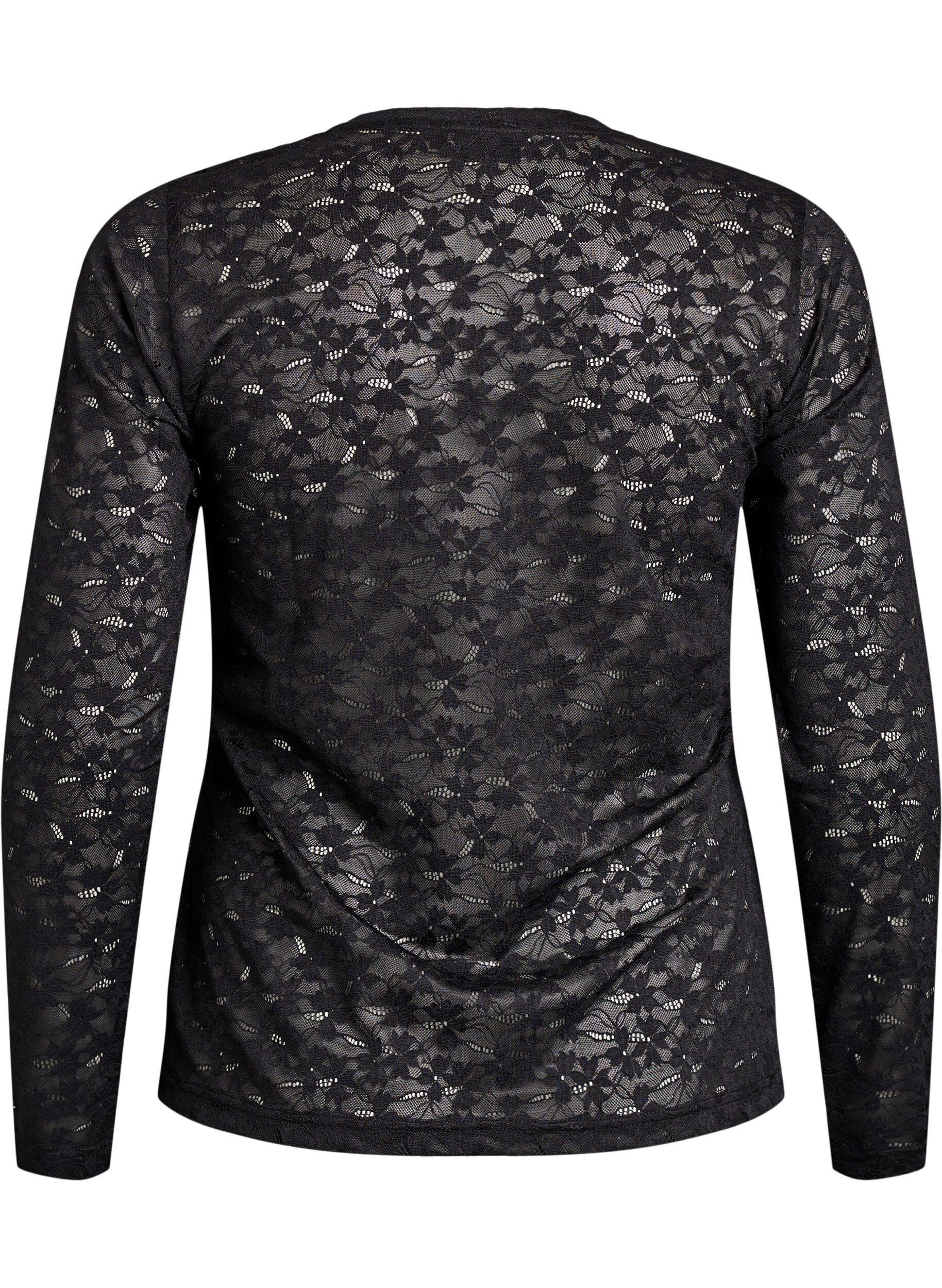 Zizzi Spitzenbluse mit Rundhalsausschnitt und Slim Fit, Schwarz, Packshot image number 1
