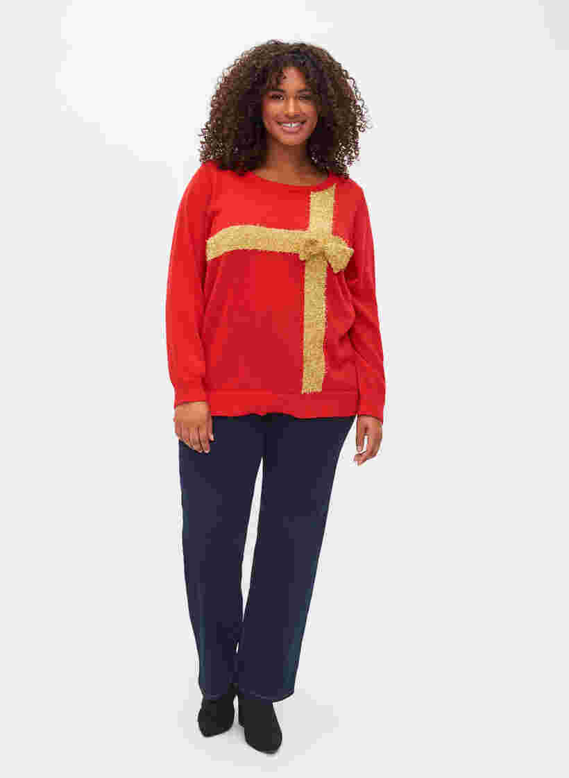 Weihnachtspullover mit Lurex, Red W/gold lurex, Model image number 2