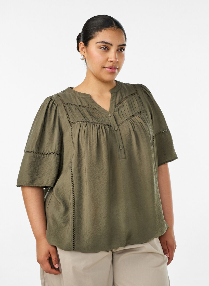 Bluse aus Viskose mit Biesen und Ballon&auml;rmeln, Gr&uuml;n, Model image number 0