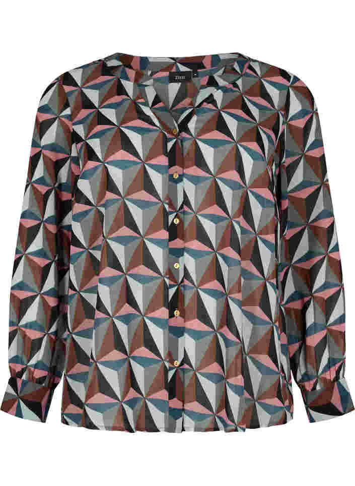 Hemdbluse mit V-Ausschnitt und Print, Graphic Pink, Packshot image number 0