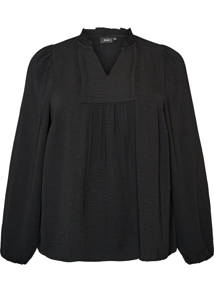 Bluse mit V-Ausschnitt und H&auml;kelband, Schwarz, Packshot image number 0