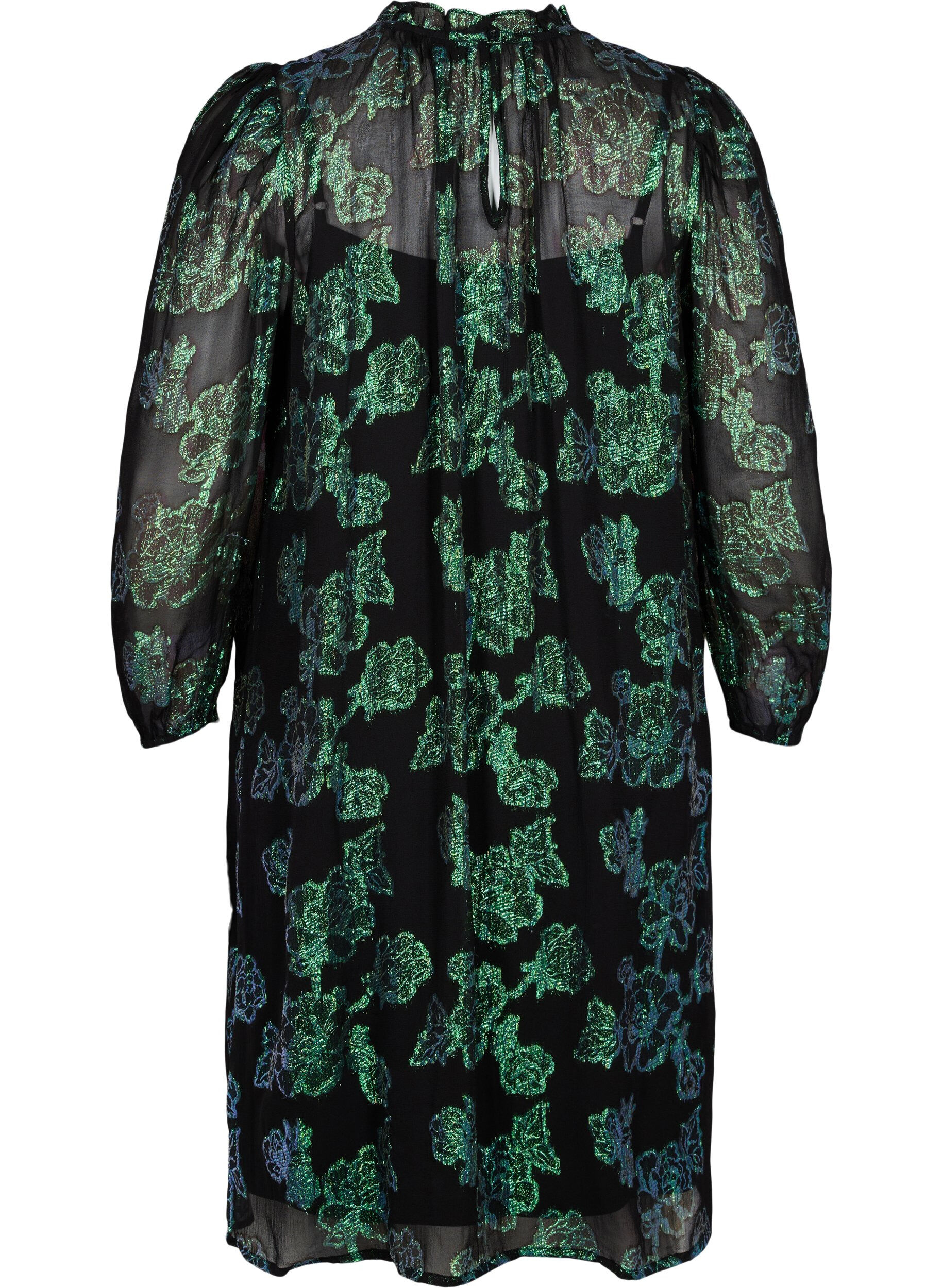 Zizzi Gebl&uuml;mtes Viskosekleid mit Lurexstruktur, Black w. Green Lurex, Packshot image number 1