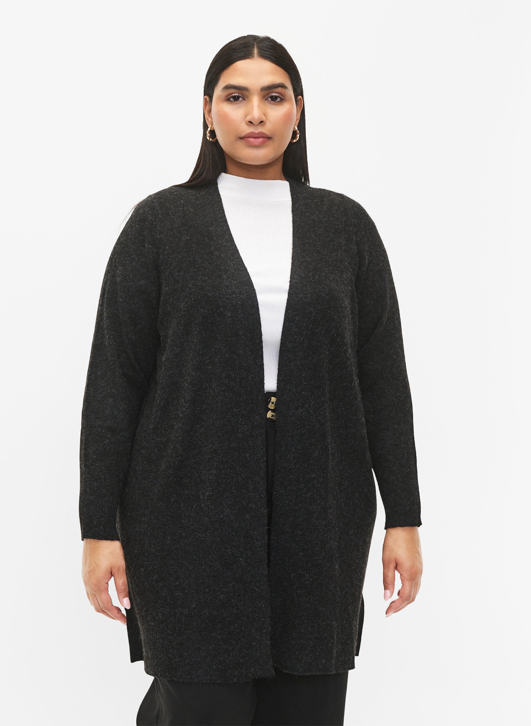 Zizzi Lange Strickjacke mit offener Vorderseite, Dark Grey Melange, Model image number 0