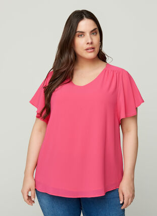 Bluse mit kurzen Ärmeln, Fandango Pink, Model image number 0