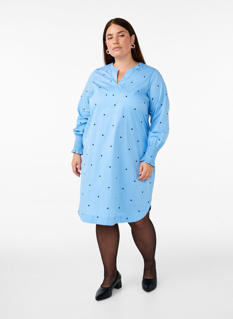 Kleid mit Polka Dots und langen Ärmeln, Blau, Model image number 1