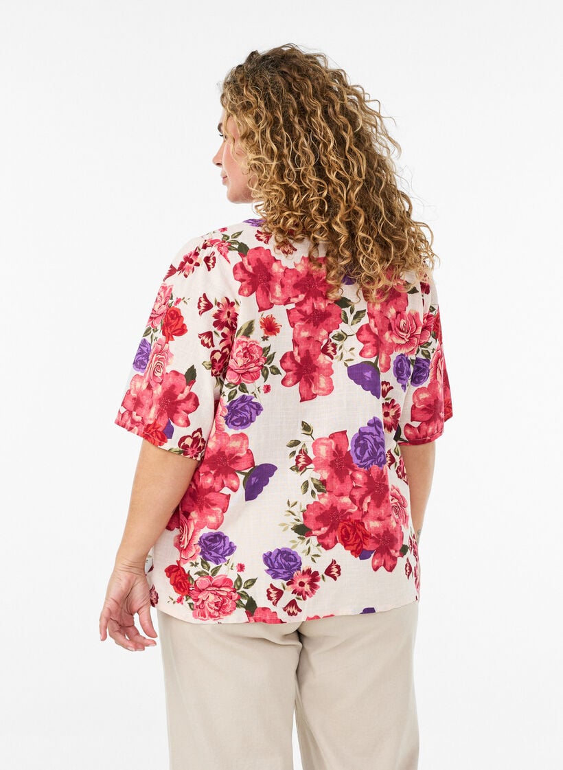 Kurz&auml;rmelige Bluse aus Baumwolle mit V-Ausschnitt, Rot, Model image number 2
