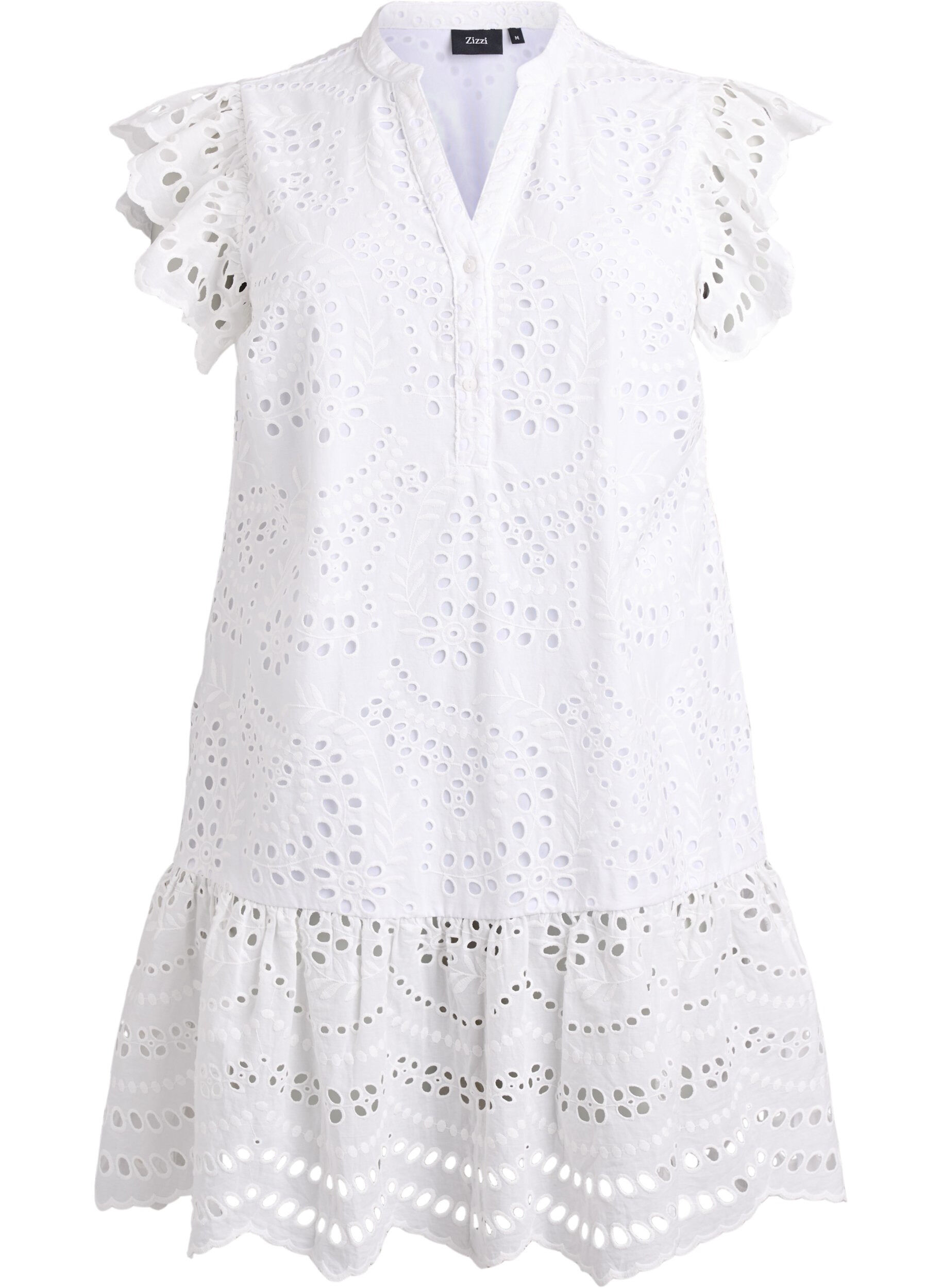 Zizzi Kleid aus Broderie Anglaise mit R&uuml;schen&auml;rmeln, Wei&szlig;, Packshot image number 0