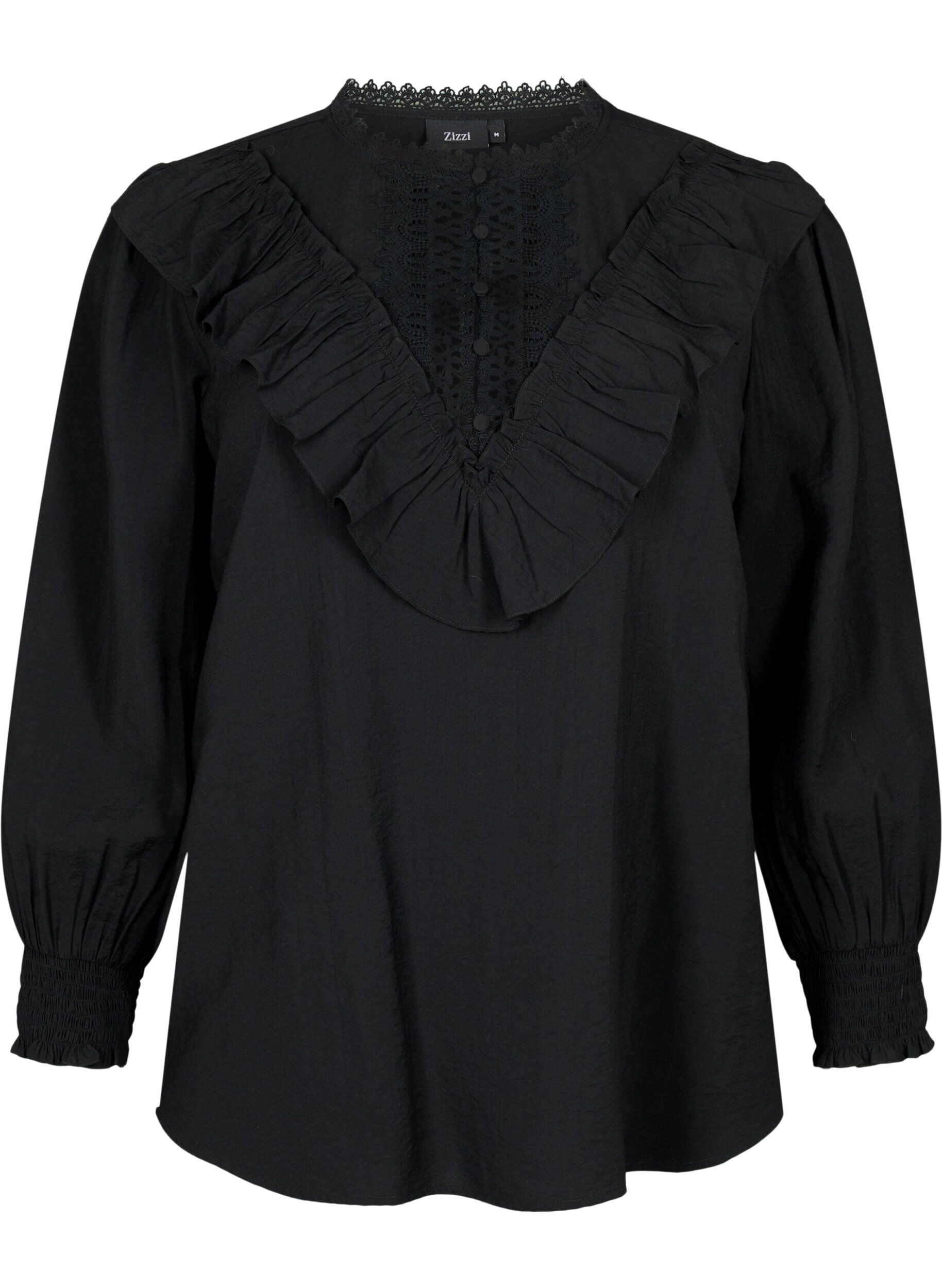 Zizzi  Viskosebluse mit R&uuml;schen und Stickereien, Black, Packshot image number 0