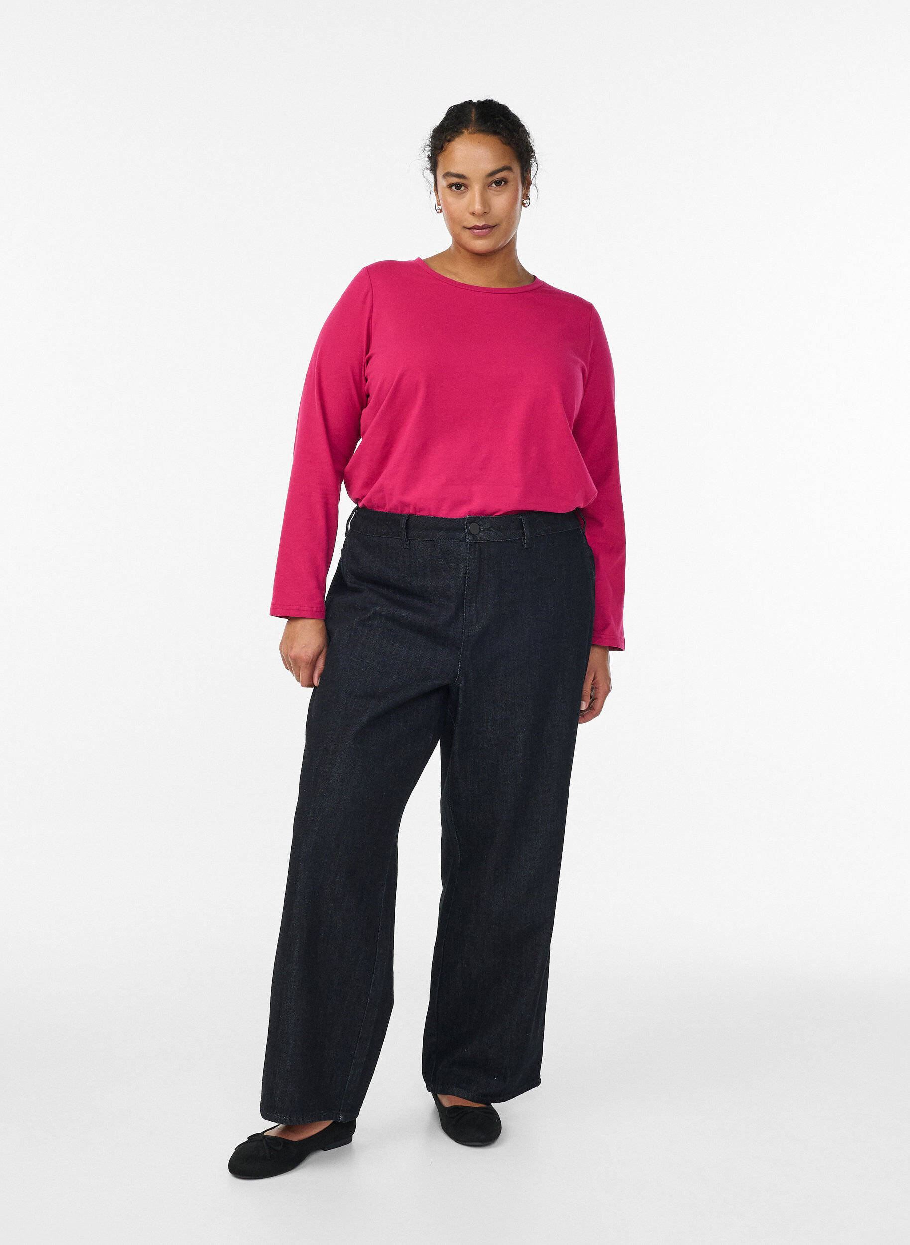 Zizzi Basic Top aus Jersey mit langen &Auml;rmeln, Pink, Model image number 1