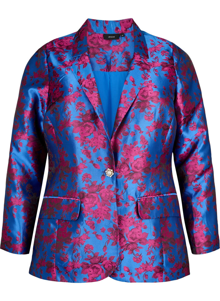 Geblümter Blazer mit Perlenknopf, Blue Quartz Jaquard, Packshot image number 0