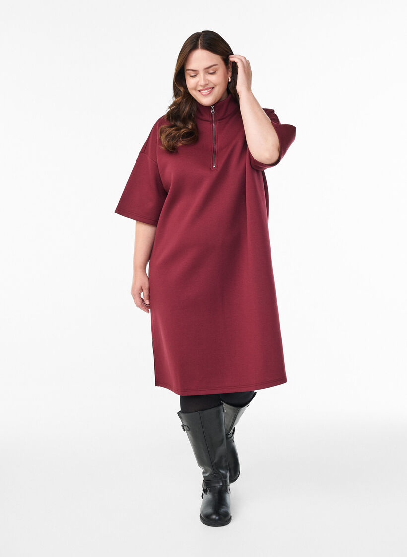 Kurzes Sweatshirtkleid mit hohem Kragen und Reißverschluss, Dunkles Bordeaux, Model image number 1
